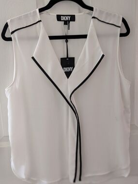DKNY White Sleeveless V-Neck Blouse with Black Piping